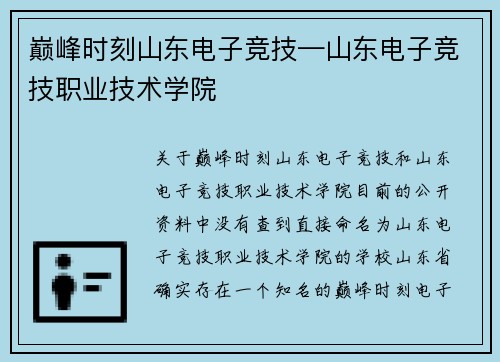 巅峰时刻山东电子竞技—山东电子竞技职业技术学院